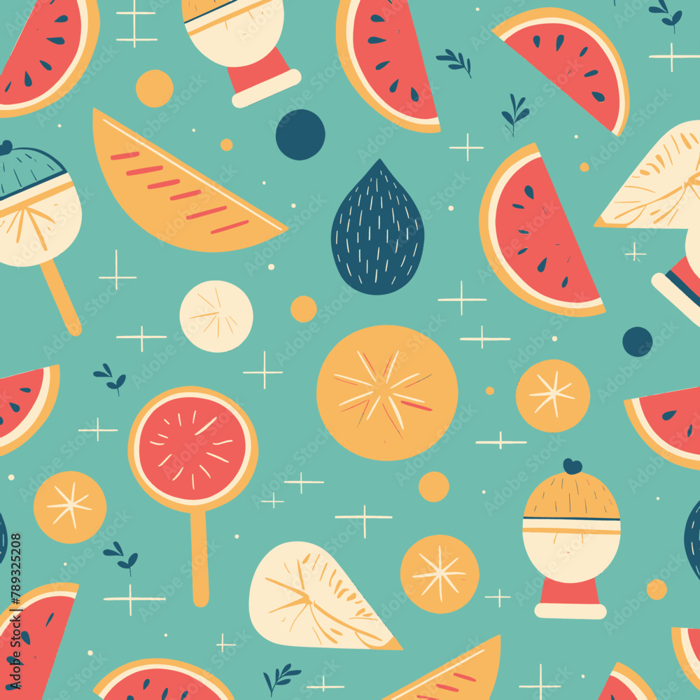 Seamless pattern with watermelon, lemon and ice cream.