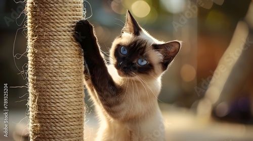 Playful Siamese Cat Scratching at Sisal Scratching Post in Cozy Home Environment photo