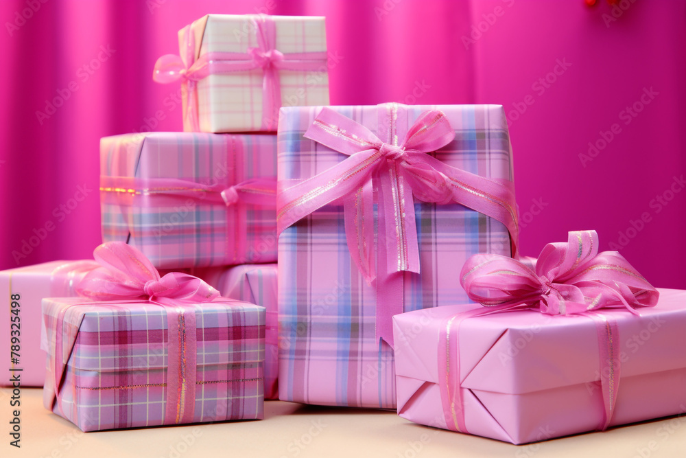 Assorted gifts wrapped in festive tartan paper, arranged in a cute and colorful display сreated with Generative Ai Assorted gifts wrapped in festive tartan paper, arranged in a cute and colorful display сreated with Generative Ai