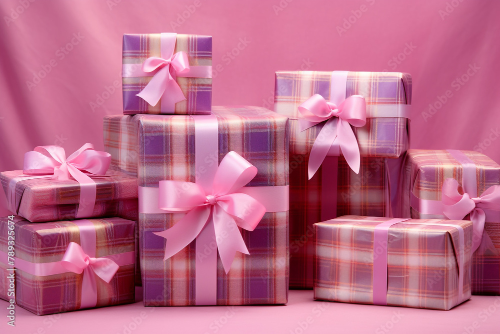 Assorted gifts wrapped in festive tartan paper, arranged in a cute and colorful display сreated with Generative Ai Assorted gifts wrapped in festive tartan paper, arranged in a cute and colorful display сreated with Generative Ai