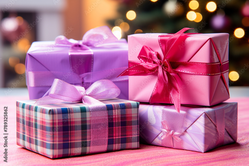 Assorted gifts wrapped in festive tartan paper, arranged in a cute and colorful display сreated with Generative Ai Assorted gifts wrapped in festive tartan paper, arranged in a cute and colorful display сreated with Generative Ai