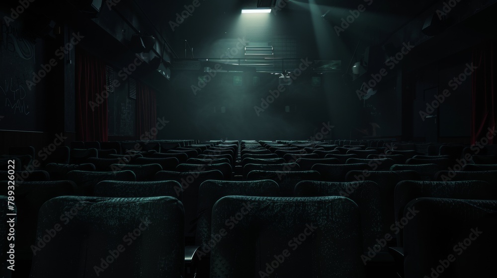 Eerie abandoned cinema hall with striking red seats and a mysterious glowing exit Eerie abandoned cinema hall with striking red seats and a mysterious glowing exit
