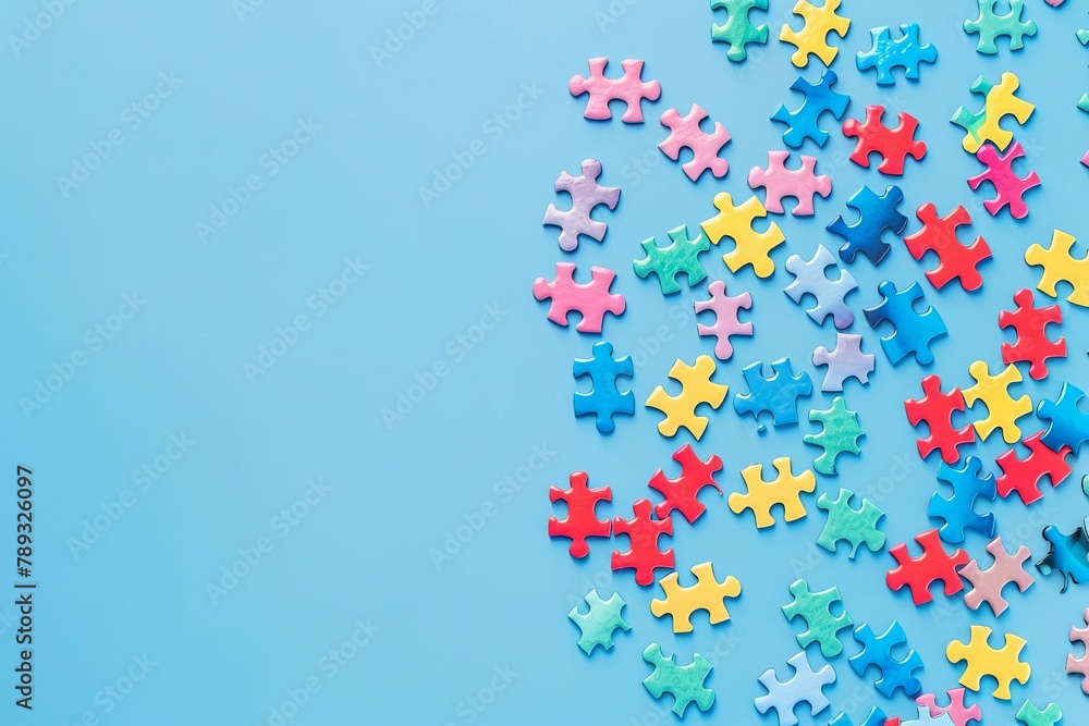 autism awareness puzzle pieces on light blue background copy space top view concept photo
