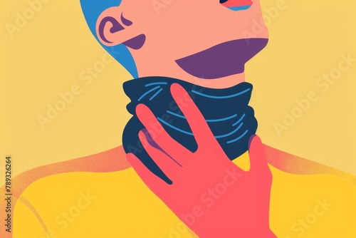 A striking visual of a person clutching their throat, a universal sign of experiencing a sore throat or discomfort. photo