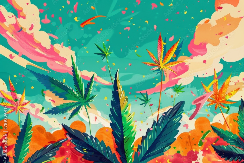 A festive background featuring cannabis leaves with a splash of vibrant colors, perfect for themed events.