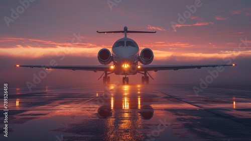 Sleek private jet with gleaming lights positioned on a reflective wet runway at dusk