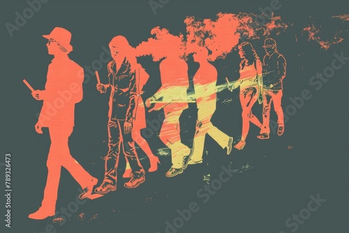 Silhouettes of people marching  highlighted in red and orange  symbolize the collective movement and advocacy of the 4 20 cannabis culture.