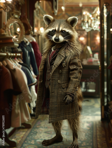 A raccoon is wearing a suit and standing in front of a rack of clothes