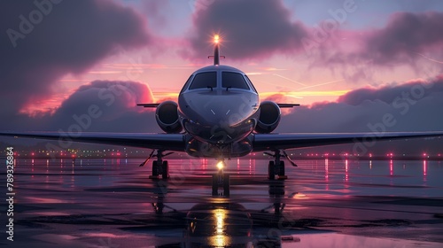 Sleek private jet with gleaming lights positioned on a reflective wet runway at dusk photo