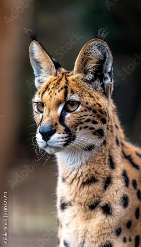 Close up portrait of male serval and kitten with text space on left side for versatile use © Ilja