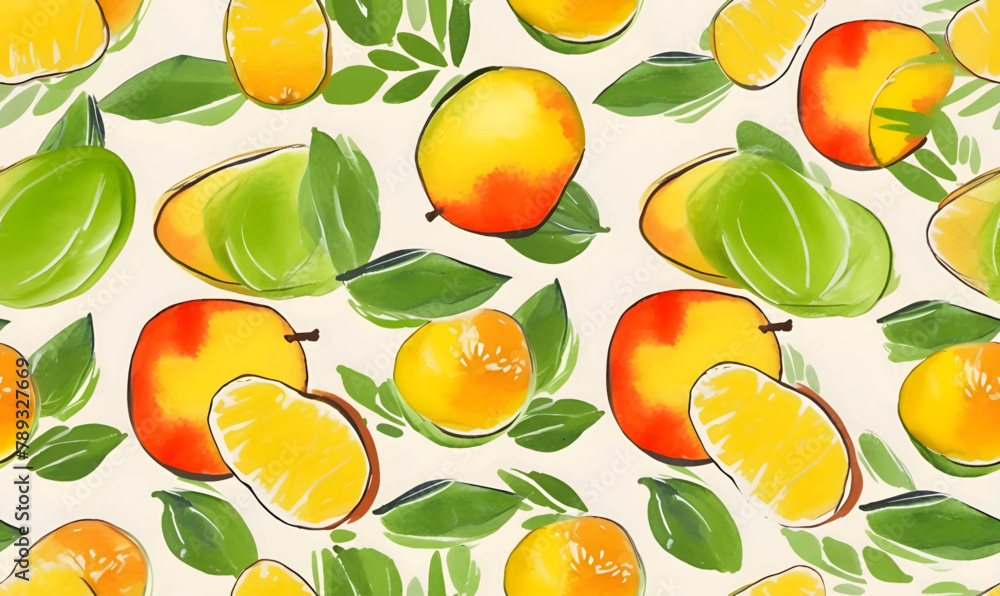 Seamless pattern with fruits and leaves. Hand-drawn illustration.