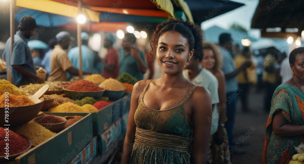 young adult woman or teenager at local food market, fictional tropical location