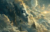Ethereal Dreamscape: Celestial Face Amidst Sunlit Clouds and Cosmic Spires