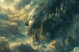 Serenity in the Stars: Woman's Face Amidst Celestial Spires and Cosmic Clouds