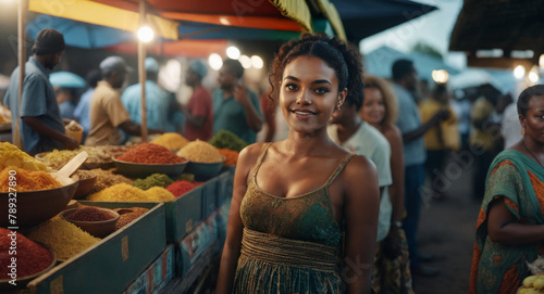 young adult woman or teenager at local food market, fictional tropical location