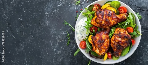 Chicken Mandi served with Yogurt and Salad arranged horizontally with space for text. photo