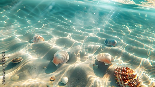 Sunlit Seabed Showcase Captivating Patterns and Colorful Seashells in the Tranquil Underwater Landscape