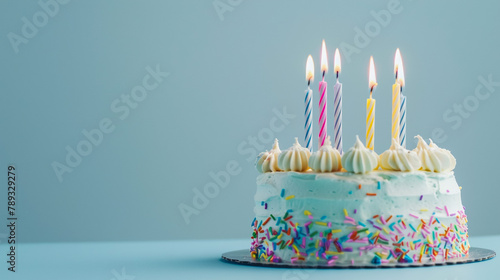 Perfect for personal messages  this birthday cake features six candles on a pastel blue background  adding sweetness to any celebration.