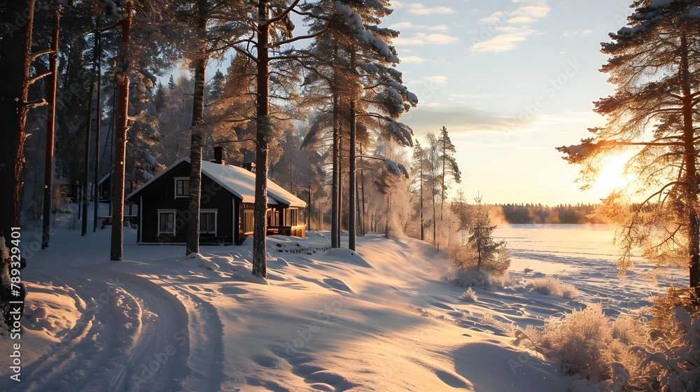 Winter Wonderland Retreat: Cozy Cabin Amidst Snowy Forest at Sunset - generative AI image Winter Wonderland Retreat: Cozy Cabin Amidst Snowy Forest at Sunset - generative AI image