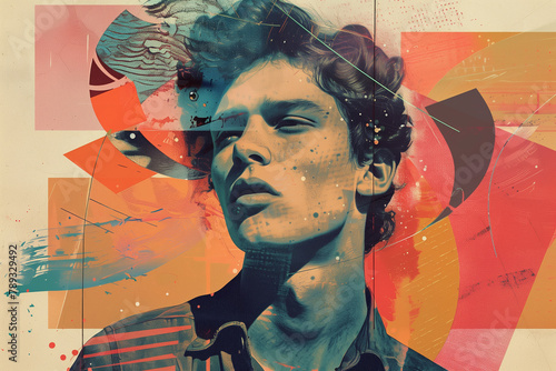 Creative portrait of stylish young man in abstract retro collage style, digital art