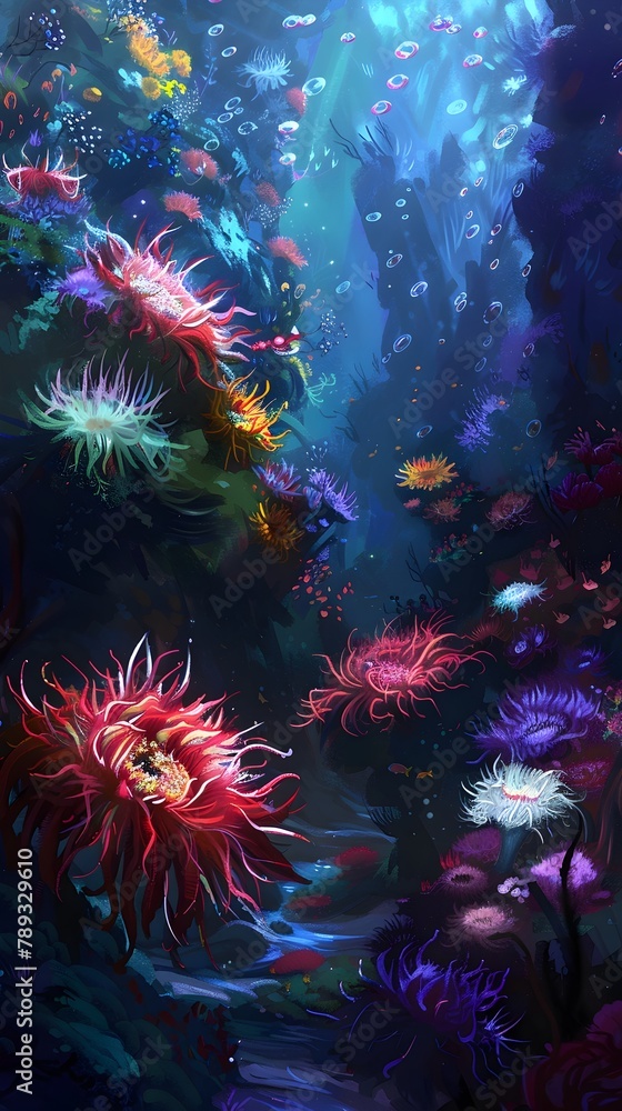 Swaying Anemone Garden in a Vibrant Underwater World of Marine Life