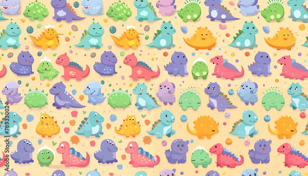 Seamless pattern with cute dinosaurs. Cute cartoon animals.