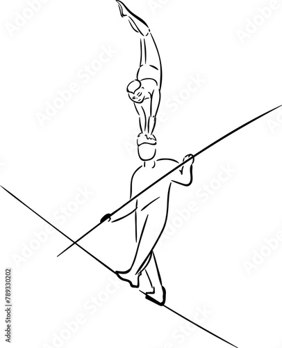 Ropewalker on rope on a white background. Sketch of circus artists
