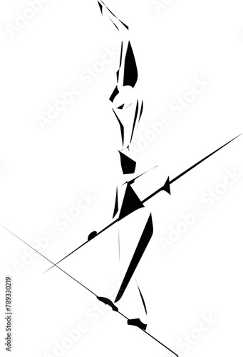 Silhouette of ropewalker on rope. Circus artists drawn in abstract style