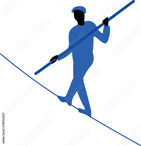 Silhouette of ropewalker on rope on a white background.
