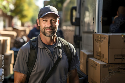 Man standing next to a van. Worker from moving company. Many boxes piled up in front of a house. Moving household goods.