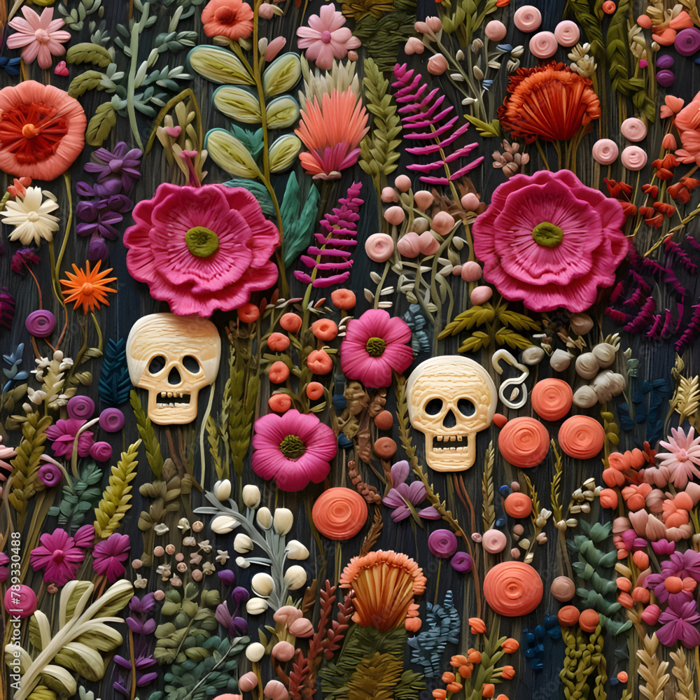 Seamless pattern made of different flowers and skulls on wooden background