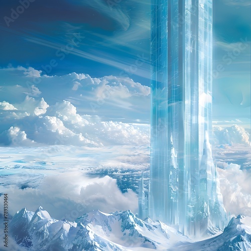 Towering Skyscraper of Frosted Glass and Ice in Ethereal Frozen Landscape photo
