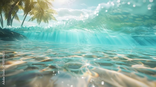 Tranquil Tropical Beach Scene with Sunlit Waves and Swaying Palm Trees