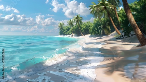 Tranquil Tropical Beach Scene with Swaying Palm Trees and Turquoise Waters Inviting Relaxation and Escape