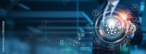 Business intelligence (BI), businessman-pointing icon with insightful analysis of data, strategies for informed decision-making, and development in the dynamic landscape of the global network.