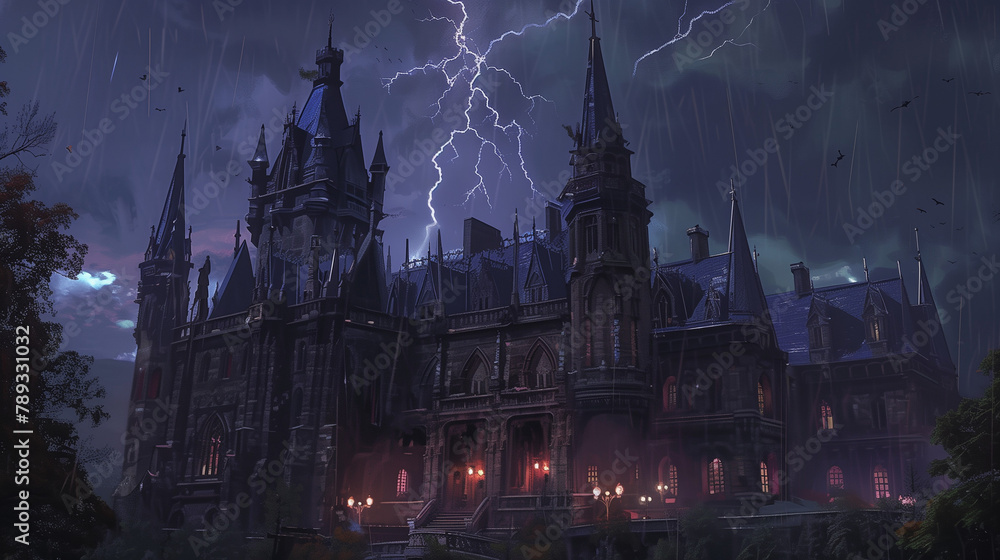 grand Gothic castle on a stormy Halloween night. Lightning illuminates the towering spires and gargoyles. Inside, aristocratic vampires host a macabre ball. Guests wear elaborate Gothic costumes, and 