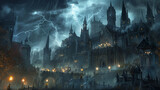 grand Gothic castle on a stormy Halloween night. Lightning illuminates the towering spires and gargoyles. Inside, aristocratic vampires host a macabre ball. Guests wear elaborate Gothic costumes, and 
