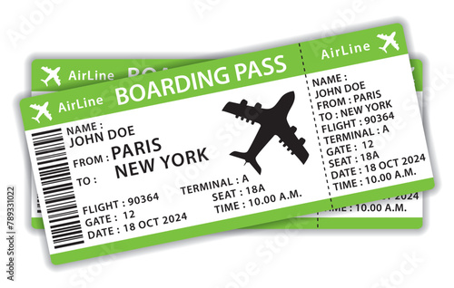 Beautiful boarding passes. Two green flat design airplane tickets. Hand drawn vector icon illustration.