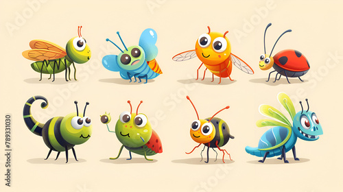 Cute insects. Bugs creatures bee and ladybug worm, generative ai © Neelam