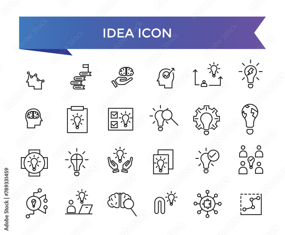 Idea icon collection. Creative idea, brainstorming, solution, thinking and innovation icons set. Lightbulb with brain symbol vector illustration.