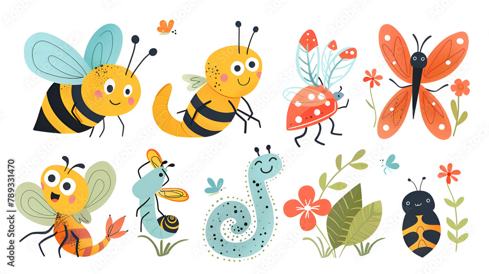 Cute insects. Bugs creatures bee and ladybug worm, generative ai