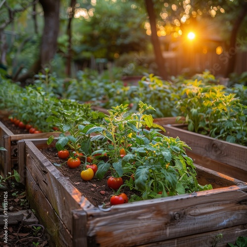 An image of a garden with tomato plants growing in wooden boxes. The sun is setting in the background.