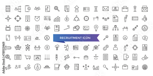 Recruitment icon collection. Headhunting, career, resume, job hiring, candidate and human resource icons. Line icon set.