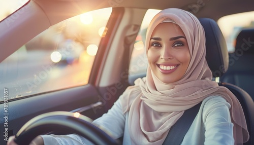 Diverse woman in turban driving car  middle eastern culture and healthy lifestyle representation photo