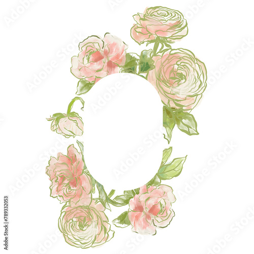 Oil painting abstract frame of ranunculus and rose. Hand painted floral composition isolated on white background. Illustration for design, print, fabric or background. (ID: 789332053)