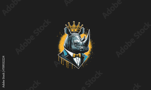 rhino wearing crown and suite vector mascot design