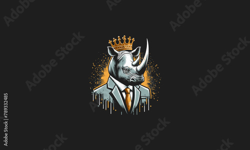 rhino wearing crown and suite vector mascot design