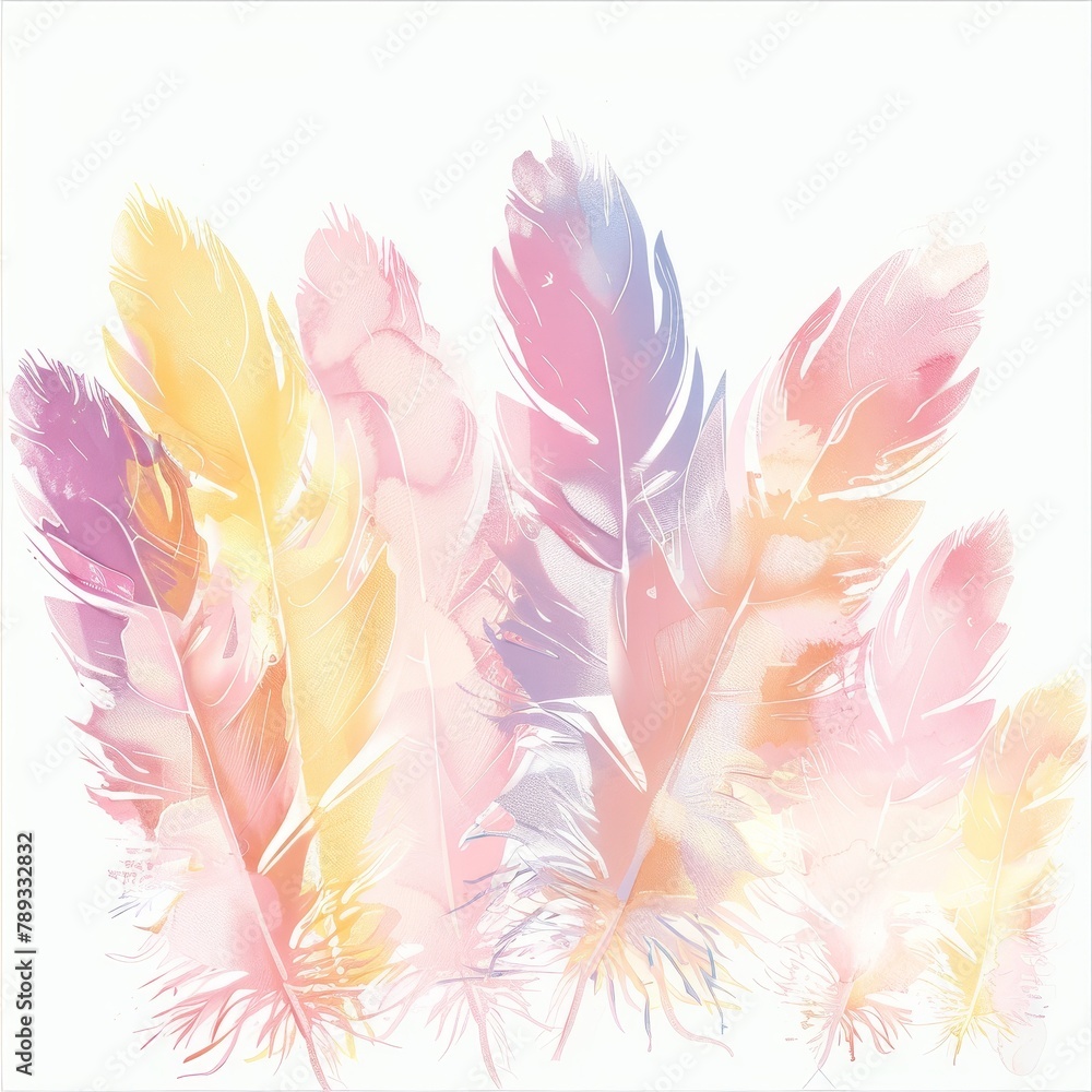 Whimsical pastel phoenix sunset party, colorful feathers, clipart, white backdrop