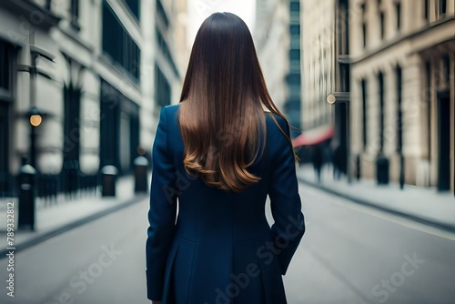 Woman with long straight hair wearing blue coat from behind