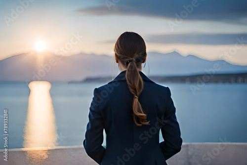Woman with long straight hair wearing blue coat from behind